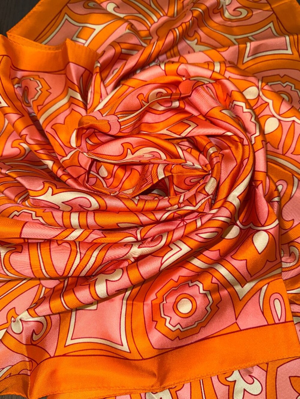 Vintage Square Scarf Geo-Floral Print Orange Pink 36 x 36 inches Silk Blend